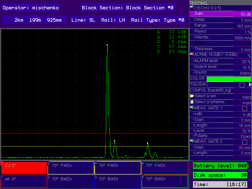 Signal display in one-channel А-Scan mode