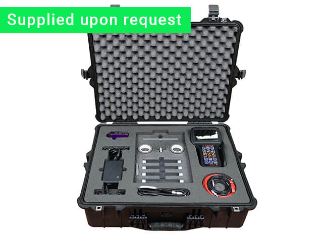 Portable eddy current flaw detector Eddycon CL and its additional components in the storage case
