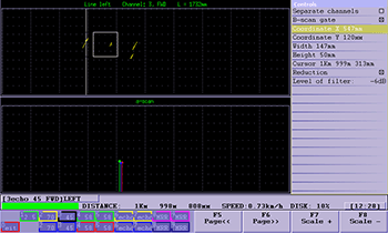 Viewing B-scan + A-scan of the ultrasonic mechanized flaw detector for inspection of one rail line UDS2-77