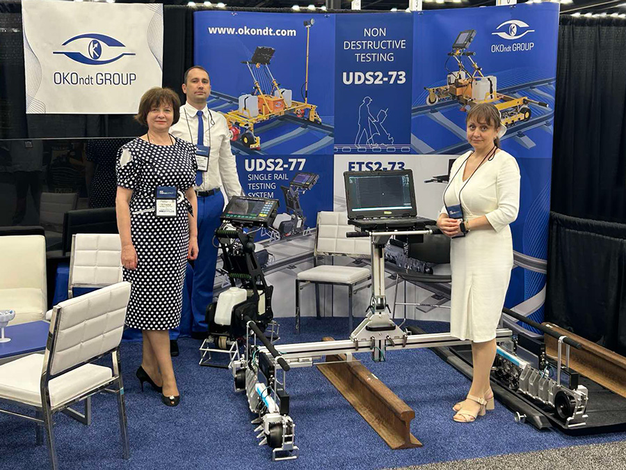 OKOndt GROUP representatives at the Railway Interchange 2025 exhibition booth, Indianapolis, Indiana