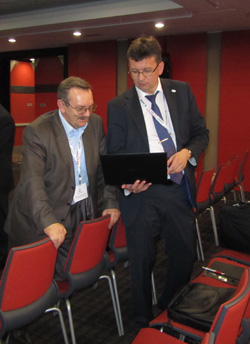 V. Radko with a colleague before the seminar start at the 18th World Conference on Nondestructive Testing (WCNDT-2012)