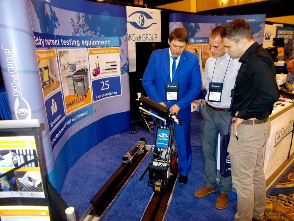 Attendees of ASNT Annual Conference-2019 are getting acquainted with the ultrasonic single rail flaw detector UDS2-77 produced by OKOndt GROUP