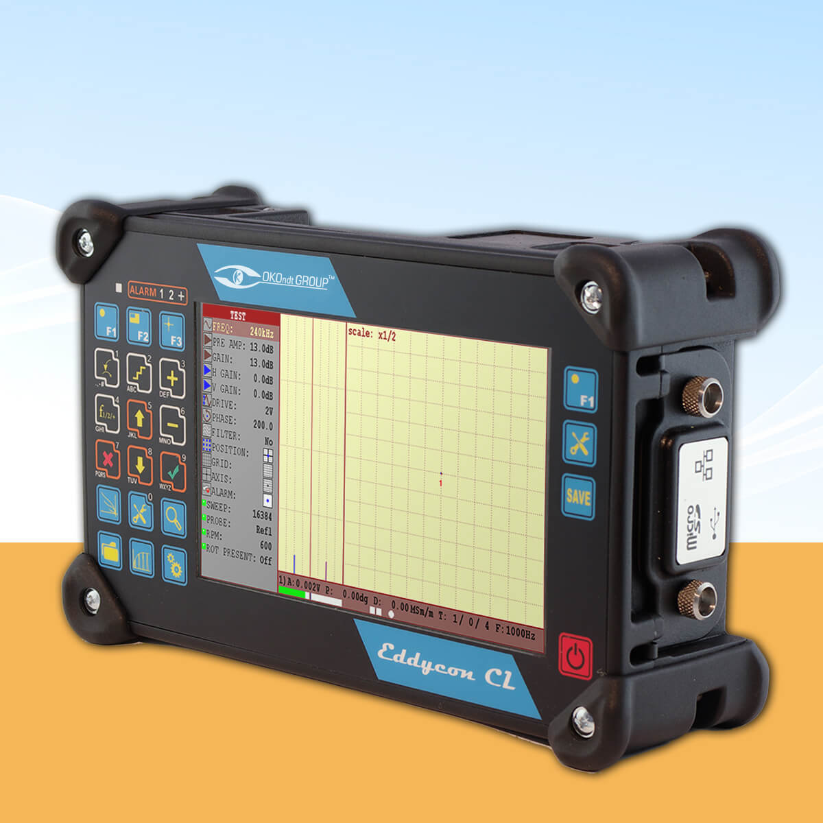 Portable eddy current flaw detector with a large screen Eddycon CL, side view