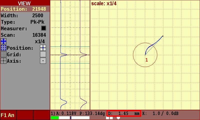 Screen of the device in the process of flaw defection on the test object