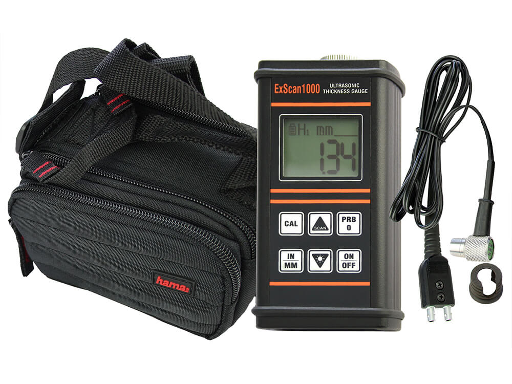 Portable ultrasonic thickness gauge ExScan1000, a storage bag and transducer