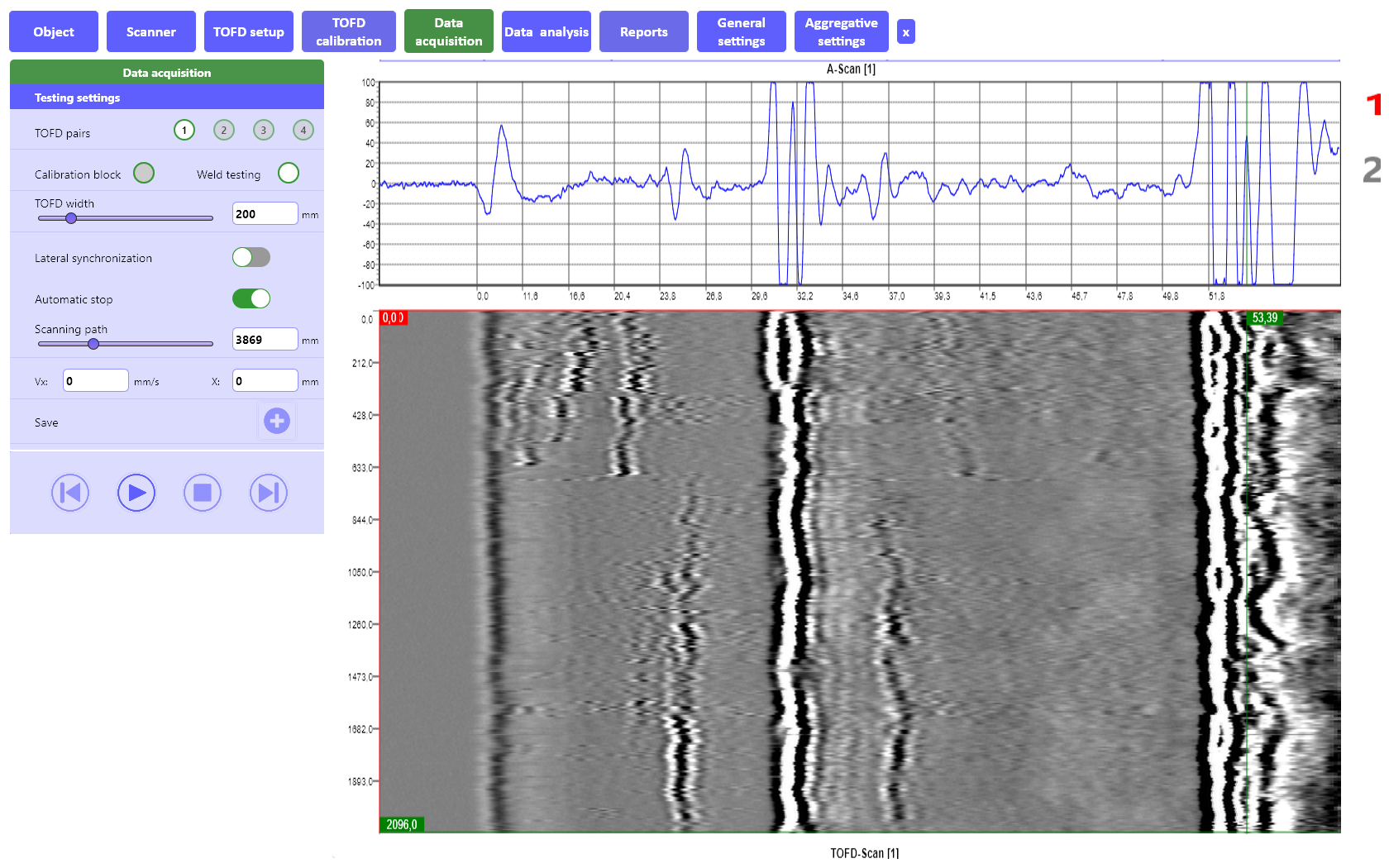 «Data acquisition» tab of the wireless system TOFD Man