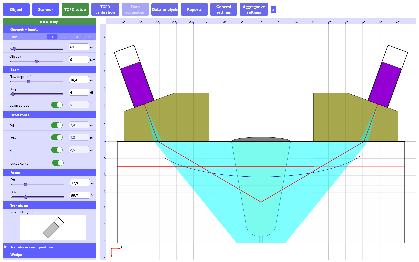 «TOFD setup» tab of the wireless system TOFD 2.2 PRO